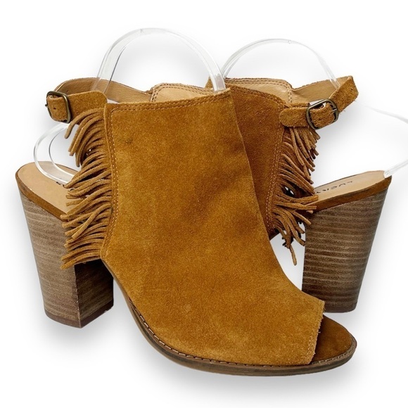 Lucky Brand Lantau Fringe Open Toe Booties 8 suede leather peep toe ankle boots - Picture 1 of 12